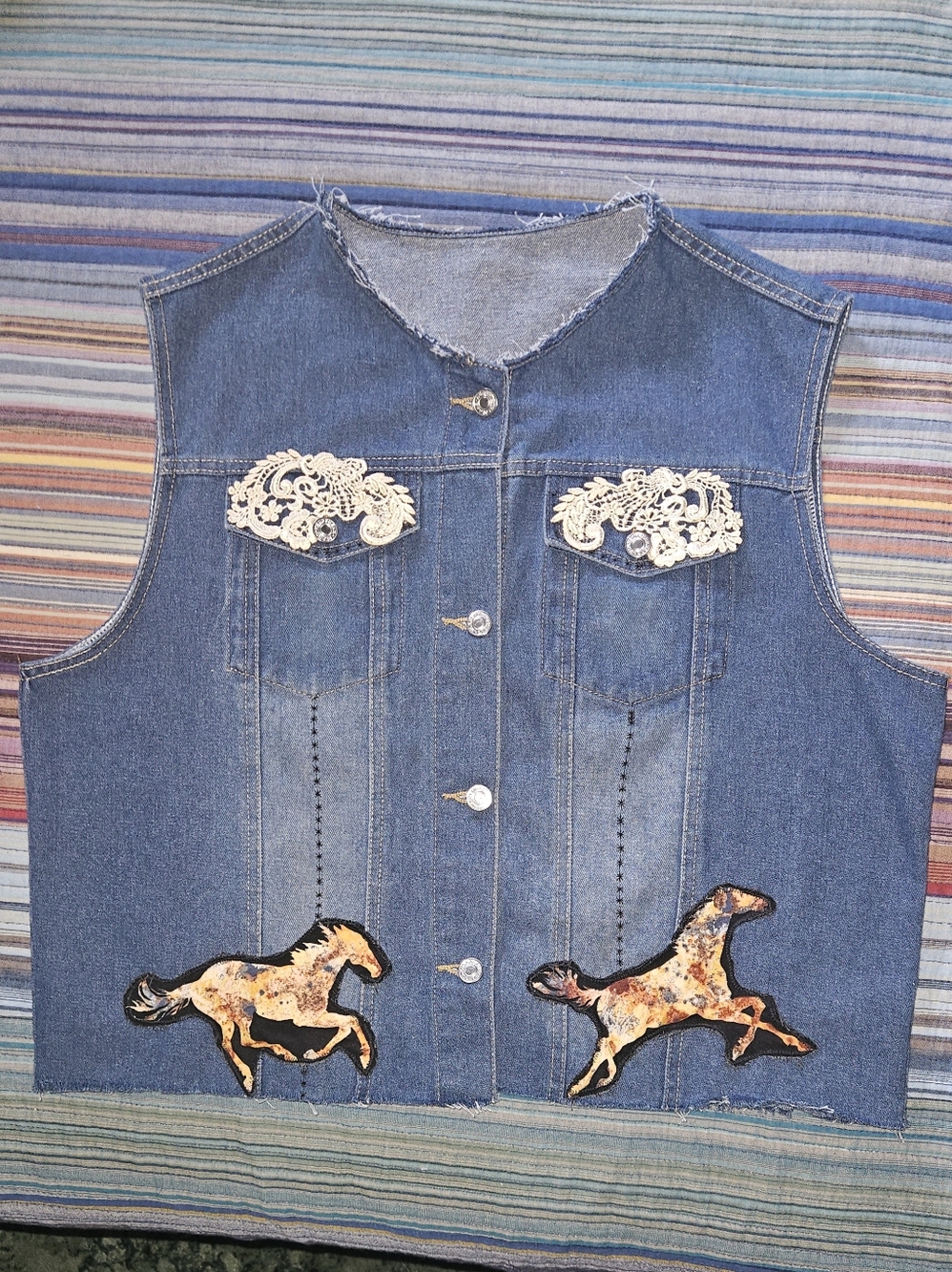 Embroidered Horse Patch Denim Vest in Blue with Cream Lace Accents